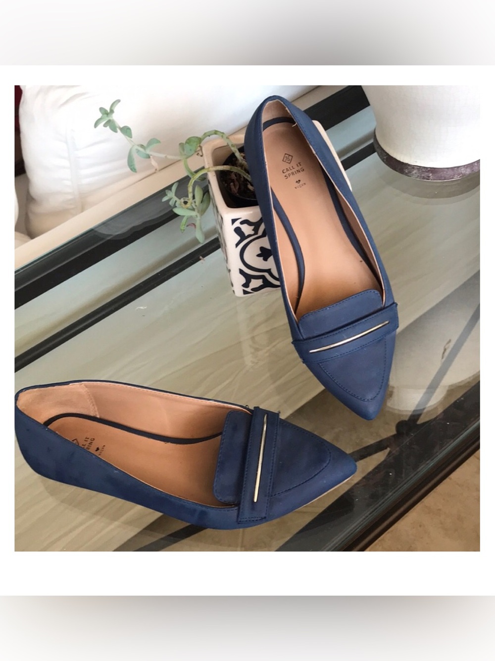 Call it Spring vegan navy pointy flats, size 7 1/2 shows a bit of wear